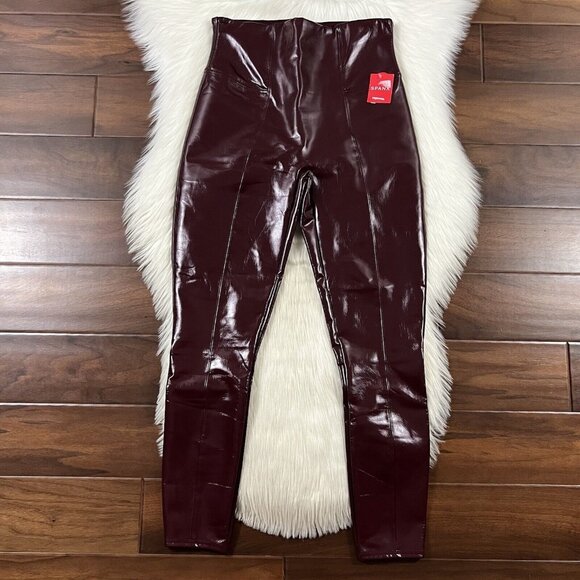 Spanx Women's Size Large Ruby Red Faux Patent Leather Leggings Pant - Picture 1 of 9